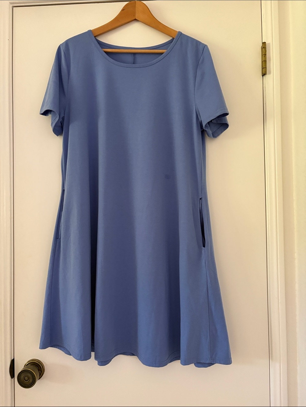 Classic Short-Sleeve 100% Cotton A-Line Dress in Periwinkle Blue XL
